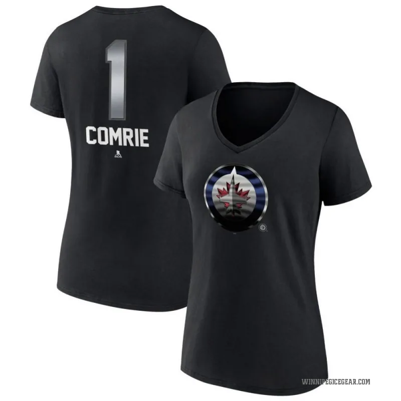 Eric Comrie Women's Black Winnipeg Jets Midnight Mascot Logo V-Neck T-Shirt