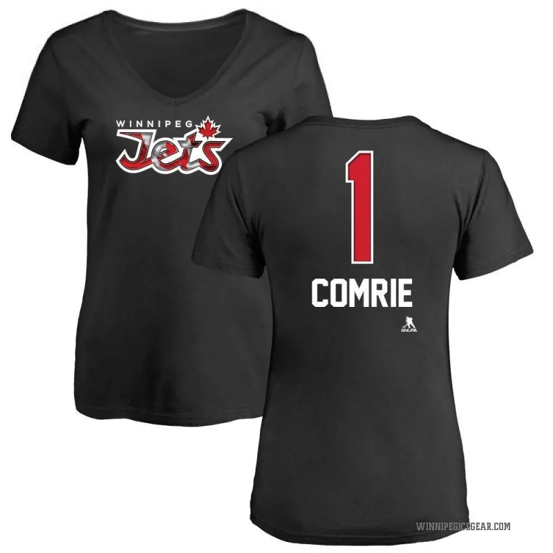 Eric Comrie Women's Black Winnipeg Jets Name and Number Banner Wave V-Neck T-Shirt -